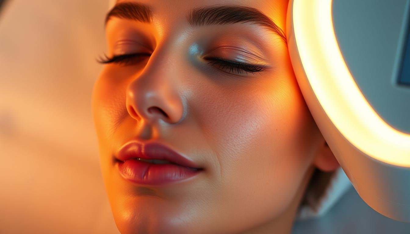 A close-up portrait of a serene woman's face, illuminated by the soft, warm glow of the "Glowin Beaute" OligioX device. The device's advanced technology gently caresses every contour of her skin, enveloping it in a radiant, even coverage. The lighting is soft and diffused, creating a tranquil, spa-like atmosphere. The woman's expression is relaxed and peaceful, conveying the soothing, rejuvenating effects of the OligioX treatment. The image is captured with a medium-format camera, emphasizing the refined details and natural textures of the woman's complexion.