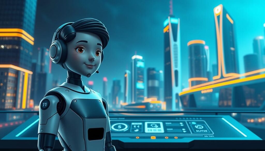 A high-tech customer support system called UTown, with sleek and modern design elements. In the foreground, a friendly AI-powered virtual assistant stands ready to assist users, their avatar rendered in lifelike detail. The middle ground features a minimalist, streamlined interface with intuitive controls and interactive menus. In the background, a stylized cityscape evokes a sense of the future, with towering skyscrapers and glowing neon accents bathed in a cool, futuristic lighting. The overall atmosphere conveys a sense of efficiency, reliability, and a commitment to cutting-edge technology in service of the user. A high-tech customer support system called UTown, with sleek and modern design elements. In the foreground, a friendly AI-powered virtual assistant stands ready to assist users, their avatar rendered in lifelike detail. The middle ground features a minimalist, streamlined interface with intuitive controls and interactive menus. In the background, a stylized cityscape evokes a sense of the future, with towering skyscrapers and glowing neon accents bathed in a cool, futuristic lighting. The overall atmosphere conveys a sense of efficiency, reliability, and a commitment to cutting-edge technology in service of the user.