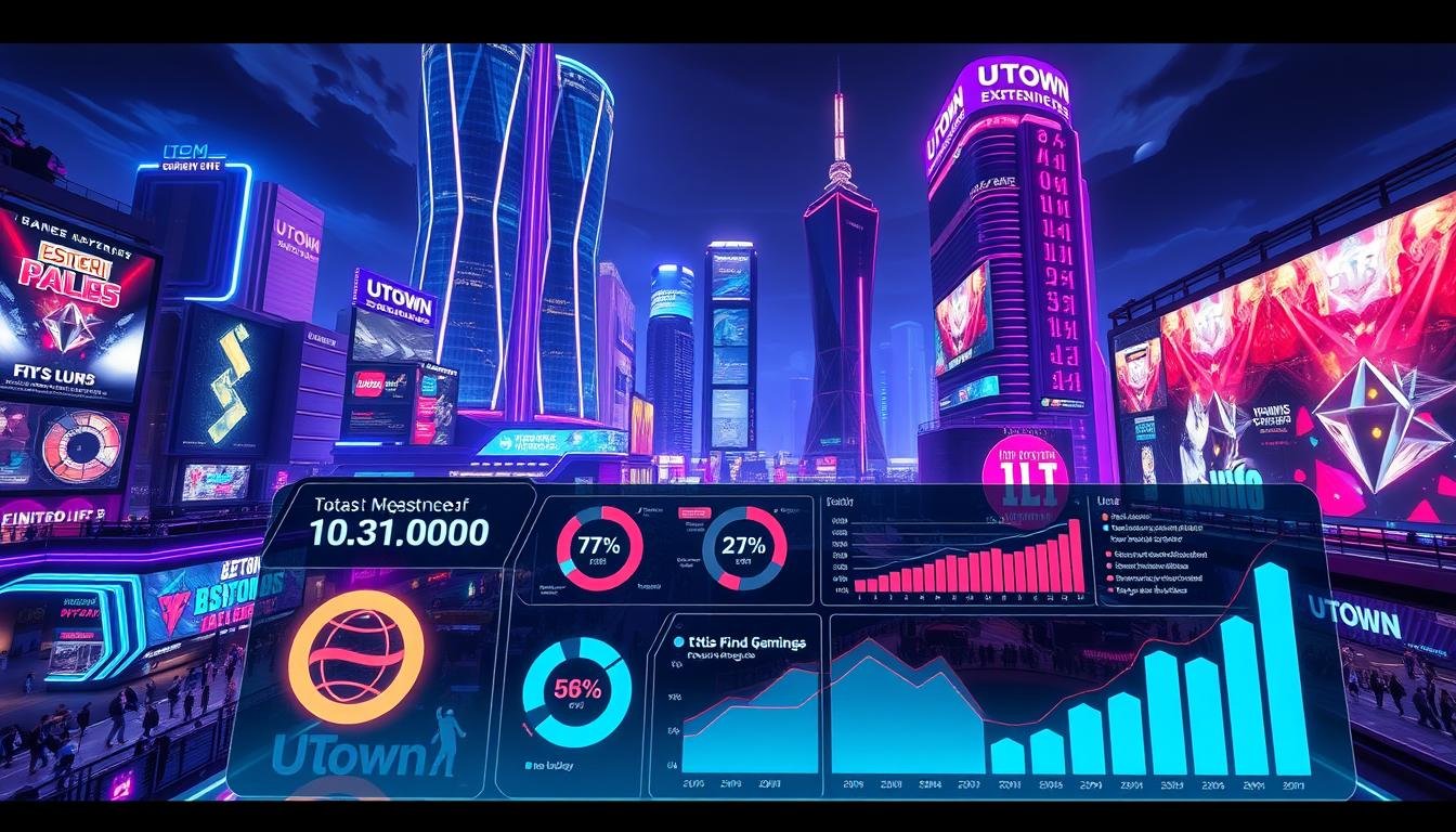A high-tech data visualization showcasing the dynamic entertainment experiences at the UTown gaming complex. A sleek, futuristic cityscape with neon-lit skyscrapers, holographic billboards, and a bustling nightlife. In the foreground, a 3D infographic display presents key gaming metrics and user engagement analytics, all rendered in a vibrant, cyberpunk aesthetic. The scene is illuminated by cool, directional lighting, captured with a wide-angle lens to emphasize the scale and technological sophistication of the UTown entertainment hub.