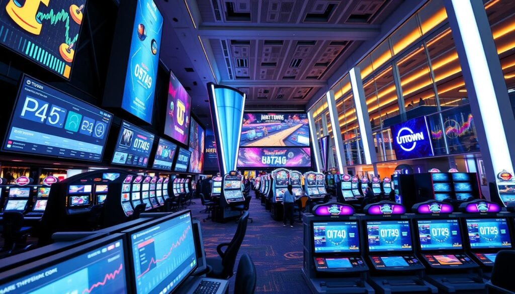 A vibrant, dynamic scene of the UTown entertainment complex, showcasing a diverse array of digital gaming experiences. In the foreground, multiple screens display real-time data and analytics, capturing the pulse of the gaming activities. The middle ground features a range of gaming stations, each with state-of-the-art equipment and immersive interfaces. The background depicts the sleek, modern architecture of the UTown facility, with futuristic lighting and a sense of technological sophistication. The overall composition conveys the seamless integration of gaming diversity and instant data insights, creating an engaging and cutting-edge atmosphere. A vibrant, dynamic scene of the UTown entertainment complex, showcasing a diverse array of digital gaming experiences. In the foreground, multiple screens display real-time data and analytics, capturing the pulse of the gaming activities. The middle ground features a range of gaming stations, each with state-of-the-art equipment and immersive interfaces. The background depicts the sleek, modern architecture of the UTown facility, with futuristic lighting and a sense of technological sophistication. The overall composition conveys the seamless integration of gaming diversity and instant data insights, creating an engaging and cutting-edge atmosphere.