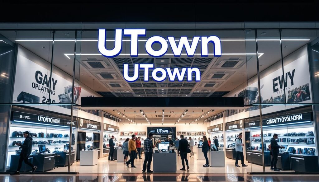 An elegant and modern game supply store called UTown, its facade shimmering with a sleek glass exterior. Inside, a well-lit showroom displays a variety of cutting-edge gaming consoles, accessories, and a state-of-the-art security system. Customers browse the aisles, examining the high-quality products while staff members assist them. The store's layout is designed for an immersive, seamless shopping experience, emphasizing both functionality and style. Soft, diffused lighting creates a warm, inviting atmosphere, while subtle branding elements subtly reinforce the UTown identity. The overall impression is one of a trusted, premium gaming destination that prioritizes both product quality and customer safety. An elegant and modern game supply store called UTown, its facade shimmering with a sleek glass exterior. Inside, a well-lit showroom displays a variety of cutting-edge gaming consoles, accessories, and a state-of-the-art security system. Customers browse the aisles, examining the high-quality products while staff members assist them. The store's layout is designed for an immersive, seamless shopping experience, emphasizing both functionality and style. Soft, diffused lighting creates a warm, inviting atmosphere, while subtle branding elements subtly reinforce the UTown identity. The overall impression is one of a trusted, premium gaming destination that prioritizes both product quality and customer safety.