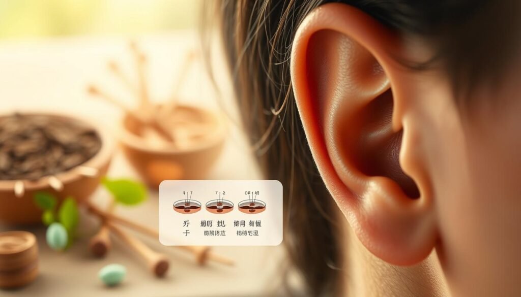 A close-up of a human ear with a detailed diagram of the otolith repositioning procedure in the middle ground. The foreground features the delicate structure of the inner ear, including the semicircular canals and the cochlea. The background is a softly blurred, calming scene of traditional Chinese medicinal herbs and acupuncture needles, suggesting the holistic approach of traditional Chinese medicine. The lighting is warm and natural, with a subtle, healing atmosphere. The overall composition emphasizes the precision and care required for this specialized treatment, conveying the scientific principles behind the traditional "耳石復位" technique. A close-up of a human ear with a detailed diagram of the otolith repositioning procedure in the middle ground. The foreground features the delicate structure of the inner ear, including the semicircular canals and the cochlea. The background is a softly blurred, calming scene of traditional Chinese medicinal herbs and acupuncture needles, suggesting the holistic approach of traditional Chinese medicine. The lighting is warm and natural, with a subtle, healing atmosphere. The overall composition emphasizes the precision and care required for this specialized treatment, conveying the scientific principles behind the traditional "耳石復位" technique.