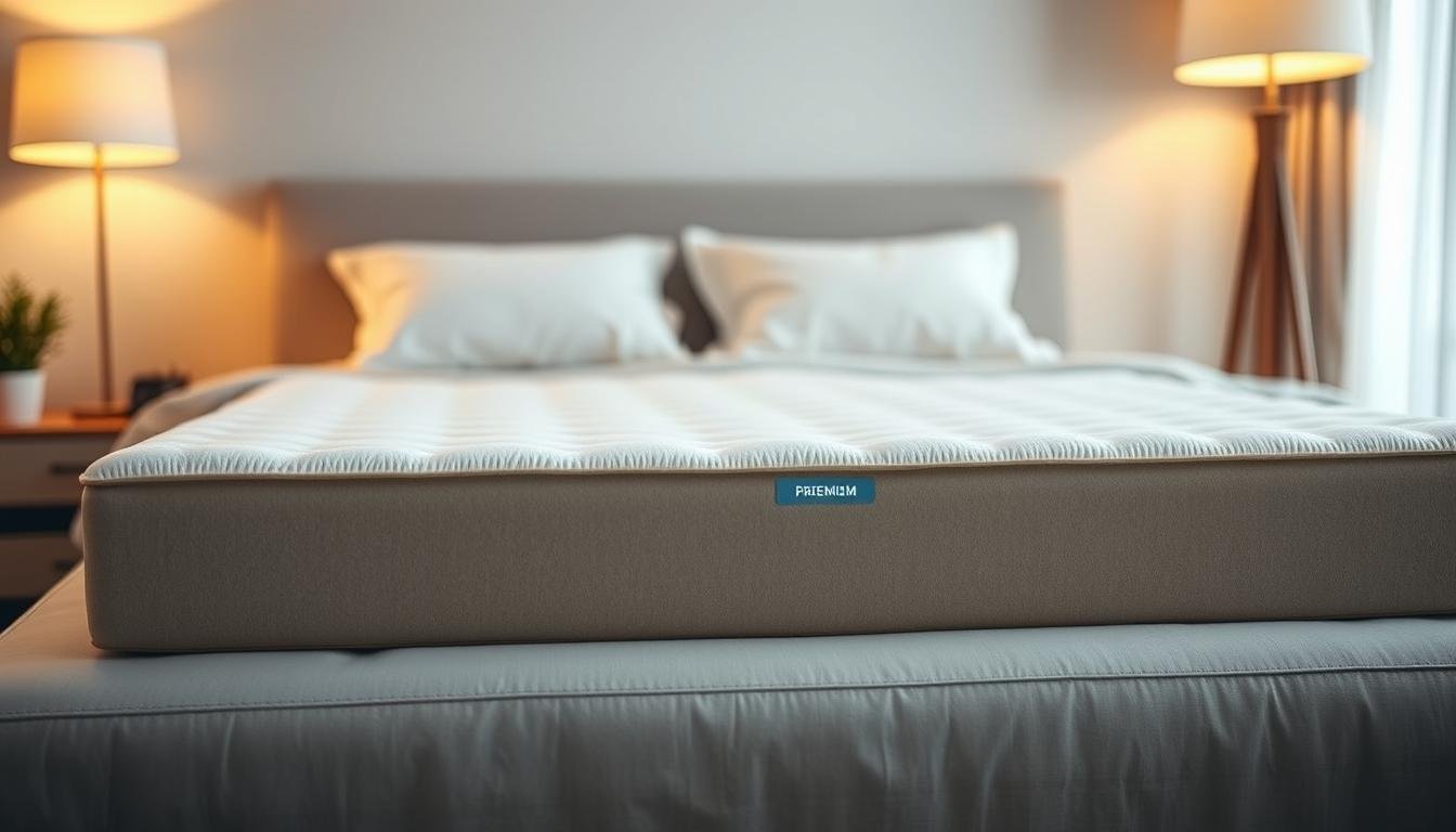 A cozy bedroom scene with a premium StylesMaven mattress topper taking center stage. The plush, orthopedic memory foam surface gently contours to the user's spine, offering targeted support and pressure relief. Soft, breathable fabric in a neutral tone creates a serene, relaxing ambiance, complemented by warm, diffused lighting from a floor lamp. The mattress topper is positioned on a simple, minimalist bed frame, with the surroundings blurred to draw the viewer's focus. Inviting textures, soothing colors, and an air of tranquility convey the comfortable user experience of the StylesMaven護脊床褥.
