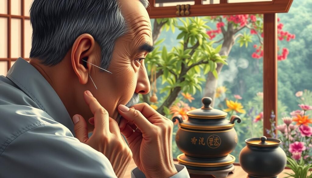A detailed and colorful illustration depicting the traditional Chinese medicine treatment for benign paroxysmal positional vertigo (BPPV). The scene shows a middle-aged patient undergoing a well-orchestrated combination therapy of acupuncture and herbal remedies. In the foreground, a skilled practitioner deftly inserts fine needles along the patient's ear, stimulating specific acupuncture points. In the middle ground, a traditional herbal decoction simmers gently, the steam rising in fragrant wisps. The background depicts a serene Chinese medicinal garden, lush with vibrant medicinal plants. The overall mood is one of harmony, tradition, and the therapeutic integration of ancient Eastern modalities. A detailed and colorful illustration depicting the traditional Chinese medicine treatment for benign paroxysmal positional vertigo (BPPV). The scene shows a middle-aged patient undergoing a well-orchestrated combination therapy of acupuncture and herbal remedies. In the foreground, a skilled practitioner deftly inserts fine needles along the patient's ear, stimulating specific acupuncture points. In the middle ground, a traditional herbal decoction simmers gently, the steam rising in fragrant wisps. The background depicts a serene Chinese medicinal garden, lush with vibrant medicinal plants. The overall mood is one of harmony, tradition, and the therapeutic integration of ancient Eastern modalities.