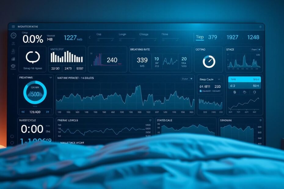 A detailed medical monitoring dashboard displaying real-time data from an iCareCPAP sleep apnea device. Sleek, minimalist interface with clean lines and a soft blue-gray color scheme. Vital statistics including oxygen levels, breathing rate, and sleep cycle stages presented in intuitive graphs and charts. Subtle lighting casts a warm glow, creating a calming, clinical ambiance. Cutting-edge medical technology seamlessly blended with a user-friendly, data-driven design aesthetic.