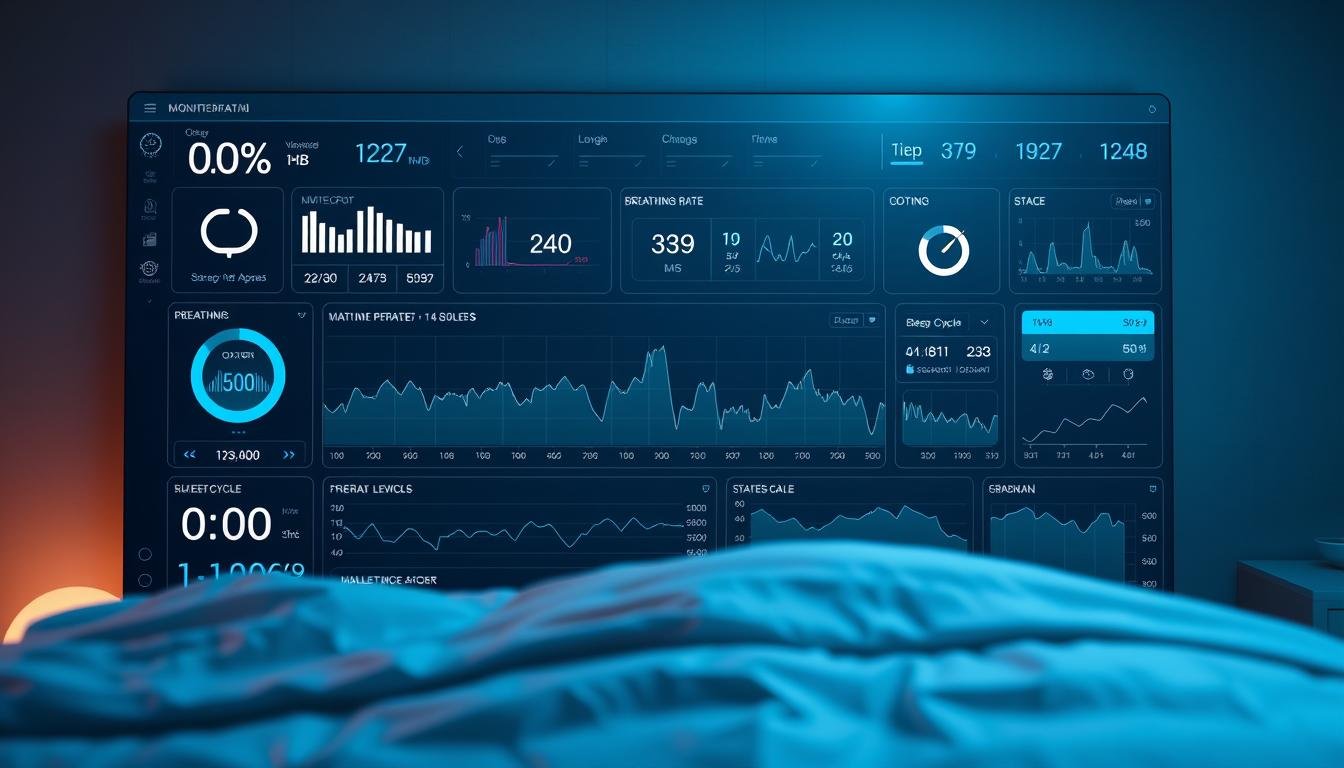A detailed medical monitoring dashboard displaying real-time data from an iCareCPAP sleep apnea device. Sleek, minimalist interface with clean lines and a soft blue-gray color scheme. Vital statistics including oxygen levels, breathing rate, and sleep cycle stages presented in intuitive graphs and charts. Subtle lighting casts a warm glow, creating a calming, clinical ambiance. Cutting-edge medical technology seamlessly blended with a user-friendly, data-driven design aesthetic.