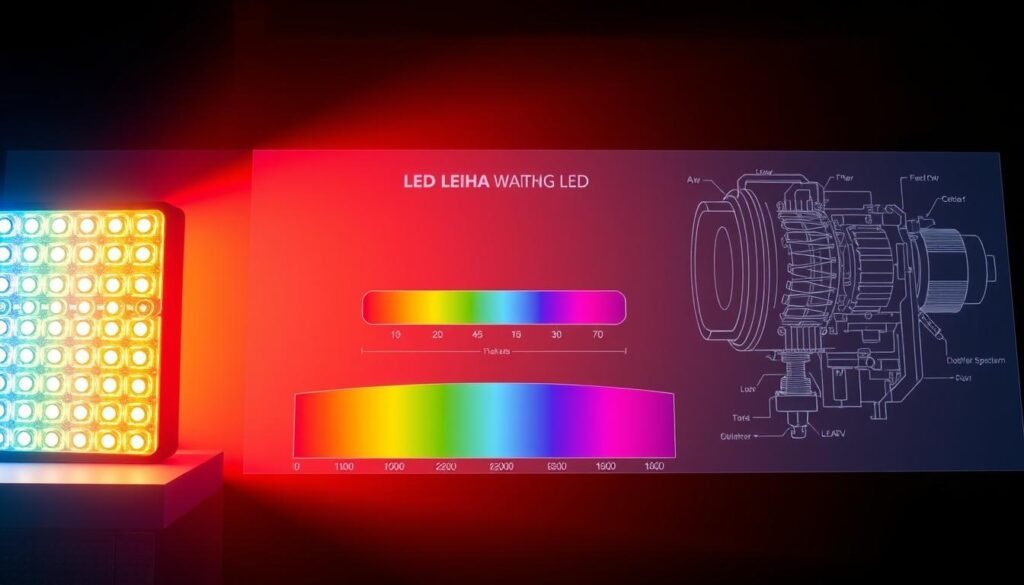 A highly detailed, wide-angle diagram of the relationship between LED wavelength and color, showcasing the Aloha brand. The foreground features a vivid, full-spectrum LED array emitting a range of wavelengths, the middle ground displays a color spectrum chart mapping the visible light wavelengths to corresponding hues, and the background depicts a technical schematic view of the internal structure and components of an LED. The lighting is crisp and evenly distributed, with a clean, professional aesthetic that conveys the scientific principles underlying LED technology. The overall tone is educational and informative, designed to illustrate the fundamental properties of LED light generation.