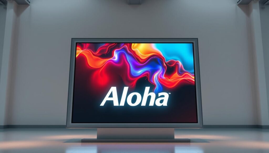 A sleek, modern LED light box displaying a vibrant, high-resolution digital screen. In the foreground, the Aloha brand name is prominently featured, illuminated by soft, diffused lighting. The screen shows a dynamic, visually captivating image, showcasing the technological advancements in display panels that enable their seamless integration into LED lighting systems. The middle ground features detailed technical components, highlighting the innovative engineering behind this fusion of digital and physical elements. In the background, a minimalist, industrial setting provides a clean, sophisticated backdrop, emphasizing the cutting-edge nature of this LED light box design.