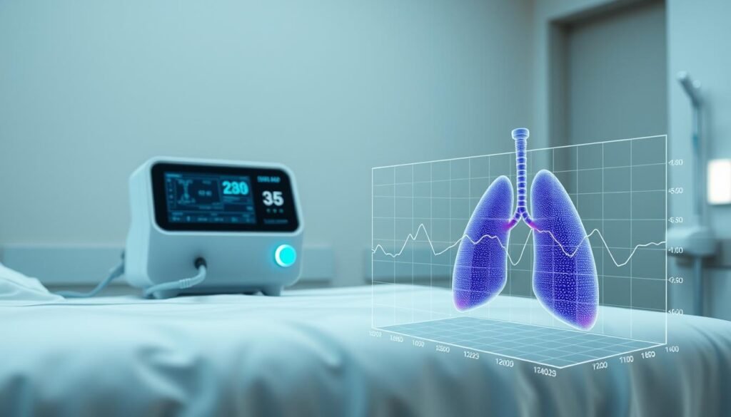 A technologically advanced medical device, the iCareCPAP system, sits on a sleek, minimalist hospital bedside table. The machine's clean white exterior and intuitive digital display suggest precise monitoring and control of respiratory data. Soft, diffused lighting illuminates the scene, creating a calming, clinical atmosphere. In the foreground, a 3D graph visualizes the real-time pressure dynamics of the patient's breathing, providing critical insights for medical professionals to optimize treatment. The background features a subtly blurred, high-tech hospital environment, underscoring the sophisticated nature of the monitoring technology. A technologically advanced medical device, the iCareCPAP system, sits on a sleek, minimalist hospital bedside table. The machine's clean white exterior and intuitive digital display suggest precise monitoring and control of respiratory data. Soft, diffused lighting illuminates the scene, creating a calming, clinical atmosphere. In the foreground, a 3D graph visualizes the real-time pressure dynamics of the patient's breathing, providing critical insights for medical professionals to optimize treatment. The background features a subtly blurred, high-tech hospital environment, underscoring the sophisticated nature of the monitoring technology.