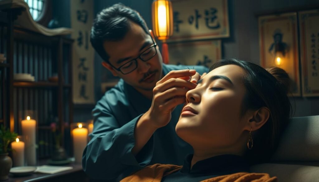 A traditional Chinese medicine acupuncture clinic, with a practitioner carefully inserting delicate needles into a patient's ear, surrounded by herbal remedies and ancient scrolls. The dimly lit room exudes an aura of tranquility and healing, the soft glow of candlelight casting warm shadows across the serene scene. The patient's face is relaxed, eyes closed, as they surrender to the restorative power of this ancient Eastern practice. The acupuncturist's skilled hands guide the thin needles, working to realign the patient's displaced ear crystals and restore balance to their body. A traditional Chinese medicine acupuncture clinic, with a practitioner carefully inserting delicate needles into a patient's ear, surrounded by herbal remedies and ancient scrolls. The dimly lit room exudes an aura of tranquility and healing, the soft glow of candlelight casting warm shadows across the serene scene. The patient's face is relaxed, eyes closed, as they surrender to the restorative power of this ancient Eastern practice. The acupuncturist's skilled hands guide the thin needles, working to realign the patient's displaced ear crystals and restore balance to their body.