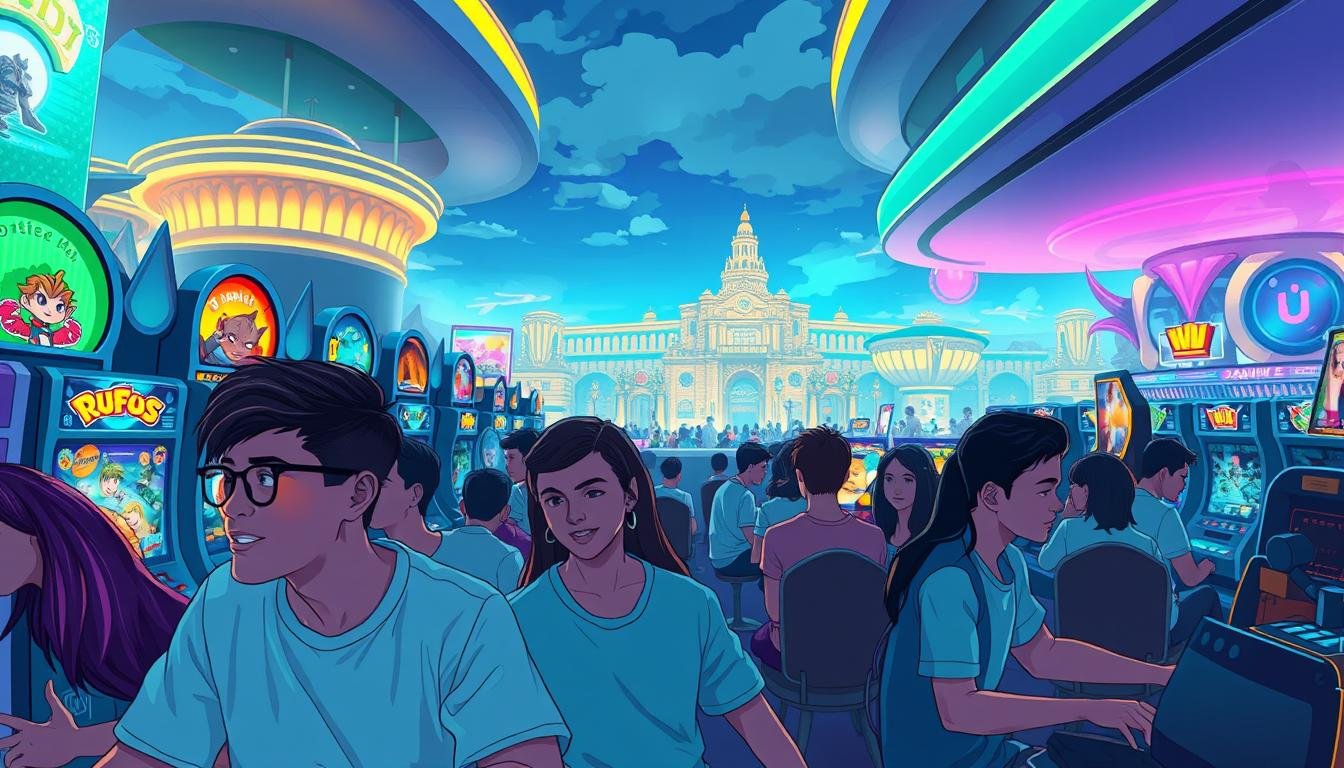 A vibrant and captivating illustration of the "UTown Entertainment City" gaming experience. The foreground depicts a group of enthusiastic players immersed in a variety of arcade games, their expressions alight with excitement and concentration. The middle ground showcases the diverse array of gaming stations, each with its own unique visual flair and interactive elements. In the background, a panoramic view of the expansive entertainment complex unfolds, showcasing its sleek, modern architecture bathed in a warm, inviting glow. The overall scene radiates a sense of energy, entertainment, and the thrill of gaming excellence that embodies the "UTown" brand. Captured through a cinematic, wide-angle lens, the image conveys the scale, dynamism, and allure of the ultimate gaming destination.