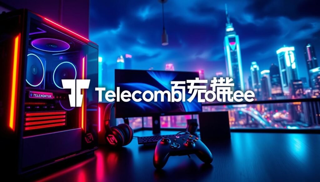 A vibrant, dynamic scene of a gaming setup with the Telecombrother logo prominently displayed. The foreground features a sleek, cutting-edge gaming PC with glowing RGB accents, set against a backdrop of a striking neon-lit cityscape. The middle ground showcases a high-end gaming monitor, headphones, and a gaming controller, all meticulously detailed. The background blends an urban landscape with hues of blues and purples, creating an immersive and futuristic atmosphere. Dramatic lighting and a cinematic camera angle heighten the sense of excitement and anticipation surrounding the "轉台優惠" experience. A vibrant, dynamic scene of a gaming setup with the Telecombrother logo prominently displayed. The foreground features a sleek, cutting-edge gaming PC with glowing RGB accents, set against a backdrop of a striking neon-lit cityscape. The middle ground showcases a high-end gaming monitor, headphones, and a gaming controller, all meticulously detailed. The background blends an urban landscape with hues of blues and purples, creating an immersive and futuristic atmosphere. Dramatic lighting and a cinematic camera angle heighten the sense of excitement and anticipation surrounding the "轉台優惠" experience.