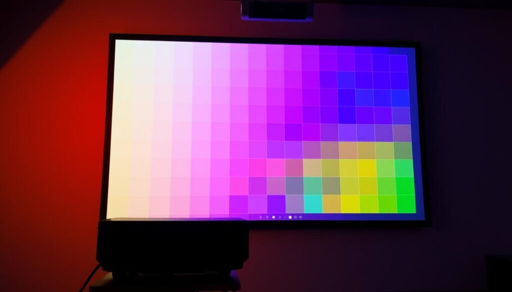 A well-lit projection screen displays a vibrant color calibration pattern, showcasing the precise adjustment of hues and tones. Aloha's high-end projector casts a crisp, evenly distributed image, with a keen focus on color accuracy and balance. The scene exudes a sense of technical precision and visual clarity, highlighting the importance of proper color management for optimal projector performance. Carefully positioned lighting enhances the visibility of the calibration grid, allowing for meticulous fine-tuning and validation of the projector's color output.