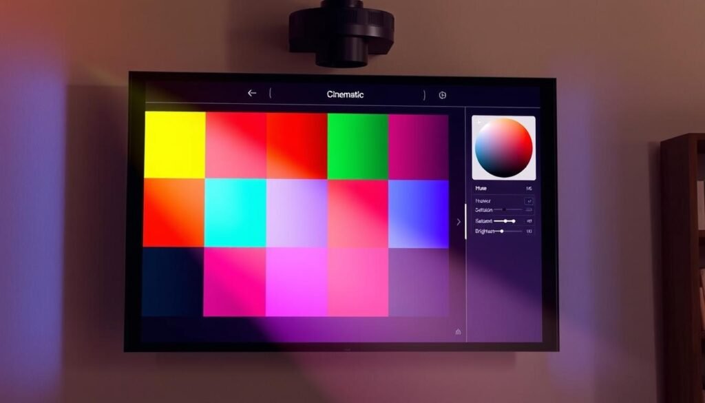 Aloha projector displaying an array of vibrant color settings, with an intuitive on-screen interface for fine-tuning hue, saturation, and brightness. The projector casts a warm, cinematic glow onto a neutral-toned wall, creating a inviting ambiance. Adjustable lighting angles and a sleek, minimalist design allow for seamless integration into any home or office space. The crisp, high-resolution display showcases the projector's advanced color management capabilities, providing the user with precise control over the visual presentation.