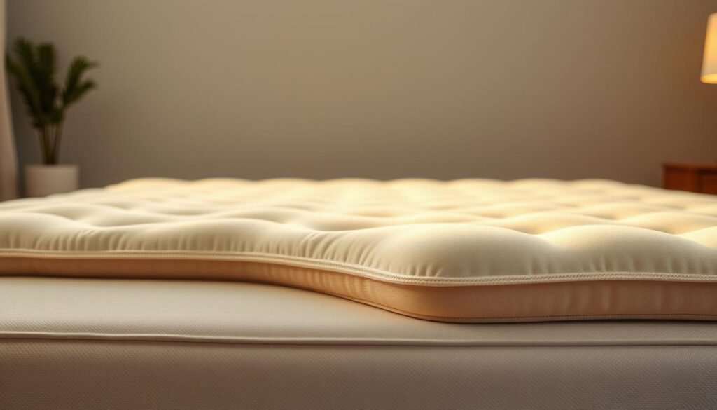 An immaculate StylesMaven mattress topper, its plush surface gently contoured to provide optimal spinal alignment. Soft, breathable fabrics in a neutral beige hue, complemented by delicate embroidered details. Overhead lighting casts a warm, inviting glow, illuminating the topper's meticulous construction. In the foreground, a serene vignette showcases the topper's superior craftsmanship and durability, with attention paid to the clean, well-maintained edges and corners. The background fades into a tranquil, minimalist setting, emphasizing the topper's role in creating a peaceful, restorative sleep environment. An immaculate StylesMaven mattress topper, its plush surface gently contoured to provide optimal spinal alignment. Soft, breathable fabrics in a neutral beige hue, complemented by delicate embroidered details. Overhead lighting casts a warm, inviting glow, illuminating the topper's meticulous construction. In the foreground, a serene vignette showcases the topper's superior craftsmanship and durability, with attention paid to the clean, well-maintained edges and corners. The background fades into a tranquil, minimalist setting, emphasizing the topper's role in creating a peaceful, restorative sleep environment.