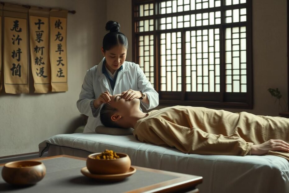 An intricate scene depicting the traditional Chinese medical treatment for benign paroxysmal positional vertigo (BPPV), or "ear stone displacement". In the foreground, a patient lies on a treatment table as a traditional Chinese medicine practitioner carefully performs acupuncture on specific points along the head and neck. Potted medicinal herbs and acupuncture needles are neatly arranged on a side table, suggesting the dual therapy of acupuncture and herbal remedies. The background features a serene traditional Chinese interior, with hanging scrolls, a latticed window, and muted natural light filtering in, creating a calming atmosphere conducive to healing. The scene conveys the holistic, time-honored approach of Chinese medicine in treating this common vestibular disorder.