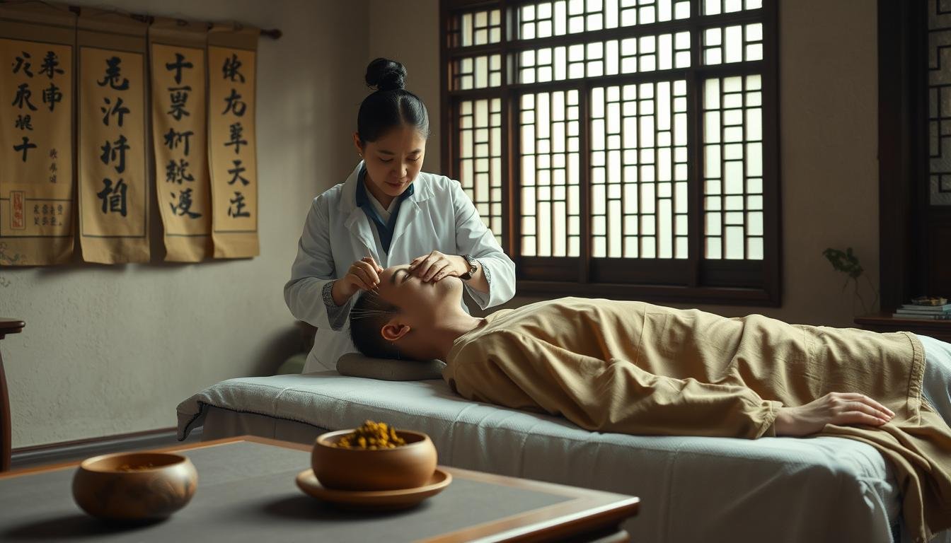 An intricate scene depicting the traditional Chinese medical treatment for benign paroxysmal positional vertigo (BPPV), or "ear stone displacement". In the foreground, a patient lies on a treatment table as a traditional Chinese medicine practitioner carefully performs acupuncture on specific points along the head and neck. Potted medicinal herbs and acupuncture needles are neatly arranged on a side table, suggesting the dual therapy of acupuncture and herbal remedies. The background features a serene traditional Chinese interior, with hanging scrolls, a latticed window, and muted natural light filtering in, creating a calming atmosphere conducive to healing. The scene conveys the holistic, time-honored approach of Chinese medicine in treating this common vestibular disorder.