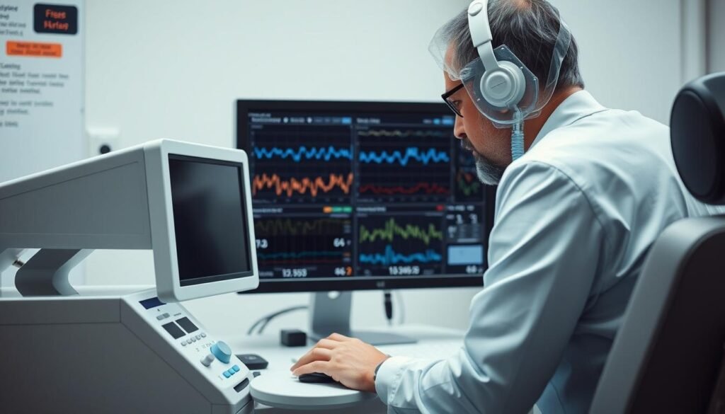 Generate an image of a professional technician analyzing sleep apnea machine data at 雅蘭睡眠呼吸機專門店 Generate an image of a professional technician analyzing sleep apnea machine data at 雅蘭睡眠呼吸機專門店