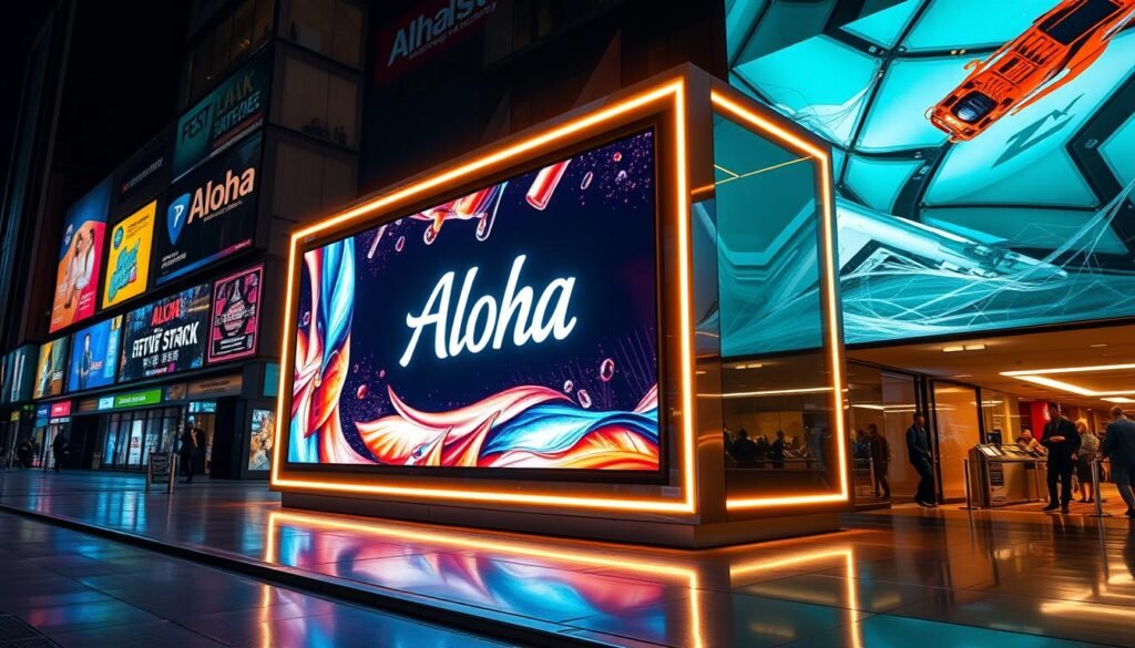 Vibrant commercial advertisement lightbox showcasing a sleek digital display screen. Prominent Aloha brand logo illuminated against a glossy, reflective surface. Dramatic lighting accentuates the dynamic visuals, creating an eye-catching and attention-grabbing display. The display screen displays captivating, high-resolution imagery that commands the viewer's focus. Elegant, modern design seamlessly integrated into the lightbox structure. Strategically placed to maximize visibility and impact within a bustling urban setting. Conveying a sense of sophistication, innovation, and commercial success for the Aloha brand.