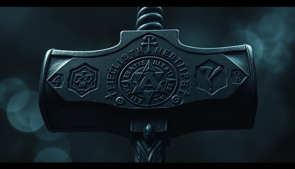 A detailed and mysterious illustration of the special symbols associated with Thor's Hammer, the mighty Mjolnir. Rendered in a dark, dramatic lighting with deep shadows and strong contrasts, highlighting the intricate and arcane runes etched across the surface of the hammer. The composition focuses on the hammer itself, filling the frame, with a moody, atmospheric background hinting at a mystical, otherworldly setting. The overall mood is one of power, ancient magic, and the raw, elemental force of Thor, the mighty thunder god. UTown