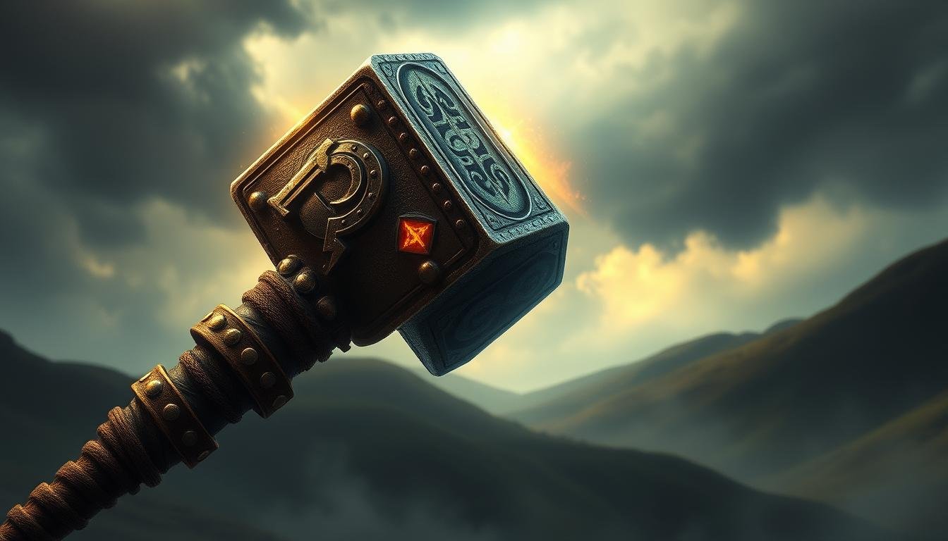 A detailed, intricate, and mythical illustration of the &quot;Thor's Hammer&quot; magical symbol from the UTown universe. The hammer's head is adorned with runic inscriptions and glowing runes, casting an ethereal light upon the scene. The handle is wrapped in leather straps, and the entire hammer appears to be forged from a mystical alloy. The background is shrouded in a misty, atmospheric landscape, with rolling hills and a stormy sky overhead, hinting at the powerful forces associated with this iconic weapon. The composition is carefully balanced, drawing the viewer's eye to the central focus of the hammer, capturing the essence of the &quot;Thunder God's Hammer&quot; and its significance in the world of UTown.