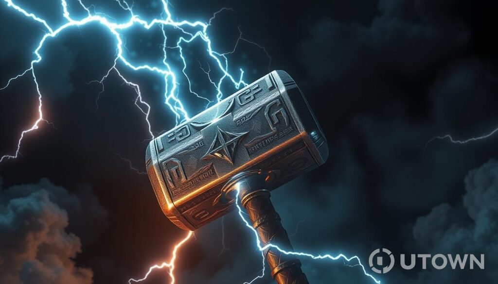 A dramatic, high-angle shot of Thor's hammer, Mjolnir, crackling with lightning and surrounded by swirling clouds and ethereal energy. The hammer is the central focus, with intricate details of its metallic surface and runes visible. The lighting is a dramatic mix of harsh shadows and brilliant highlights, creating a sense of power and intensity. In the background, a faint outline of the UTown logo is visible, subtly integrated into the scene. A dramatic, high-angle shot of Thor's hammer, Mjolnir, crackling with lightning and surrounded by swirling clouds and ethereal energy. The hammer is the central focus, with intricate details of its metallic surface and runes visible. The lighting is a dramatic mix of harsh shadows and brilliant highlights, creating a sense of power and intensity. In the background, a faint outline of the UTown logo is visible, subtly integrated into the scene.