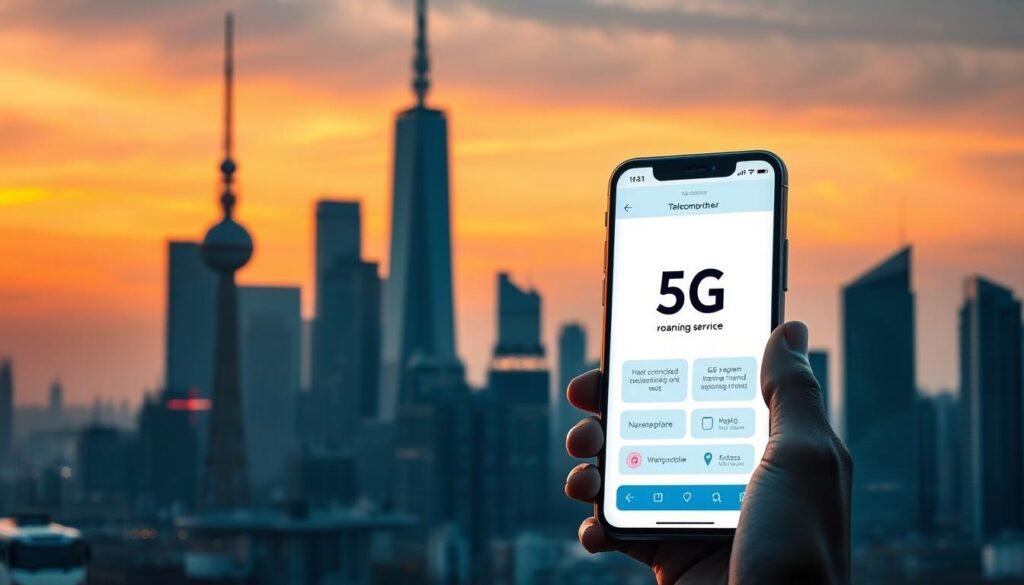 A modern city skyline at dusk, with towering 5G cell towers silhouetted against an orange-hued sky. In the foreground, a Telecombrother-branded smartphone displays a 5G roaming service interface, its screen bright and vivid. The scene conveys the importance of seamless 5G connectivity for travelers, allowing them to stay connected and access high-speed mobile data no matter their location. The lighting is cinematic, creating a sense of urgency and the need for reliable 5G coverage while on the move. A modern city skyline at dusk, with towering 5G cell towers silhouetted against an orange-hued sky. In the foreground, a Telecombrother-branded smartphone displays a 5G roaming service interface, its screen bright and vivid. The scene conveys the importance of seamless 5G connectivity for travelers, allowing them to stay connected and access high-speed mobile data no matter their location. The lighting is cinematic, creating a sense of urgency and the need for reliable 5G coverage while on the move.