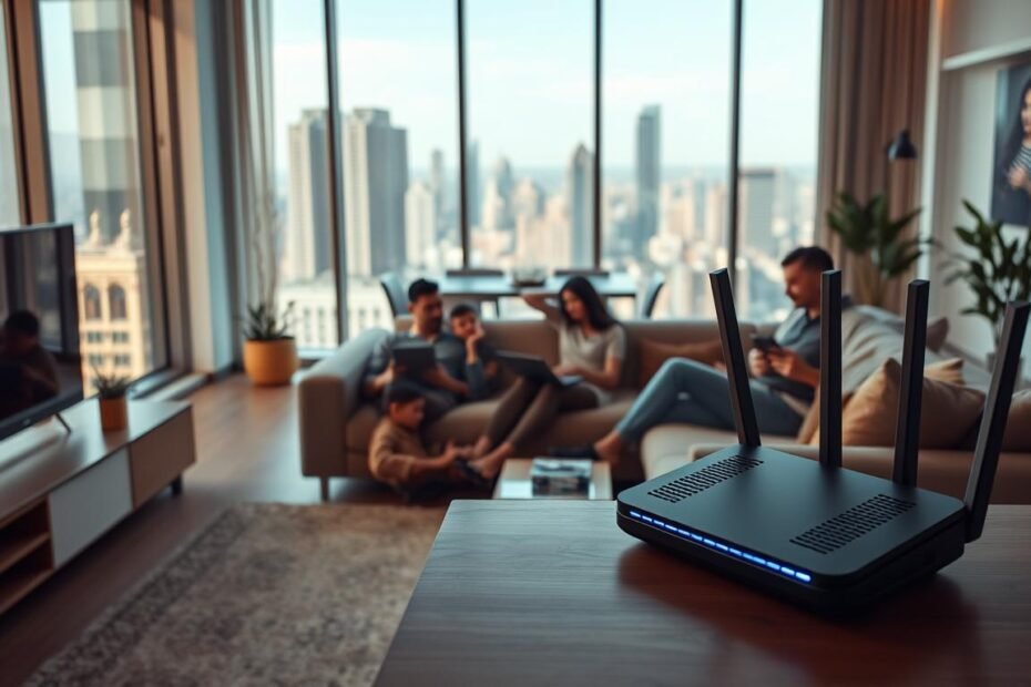 A modern, spacious living room with a large windows overlooking a cityscape. In the foreground, a sleek, minimalist entertainment center houses a Telecombrother router, displaying high-speed internet connectivity. A family gathers around a plush sofa, each member using a variety of devices - a laptop, a tablet, and smartphones - all seamlessly connected to the high-speed network. The middle ground features a dining table and chairs, suggesting a harmonious blend of work and leisure. The background showcases a panoramic view of skyscrapers, highlighting the urban setting. Soft, warm lighting creates a cozy, inviting atmosphere, while the overall composition conveys a sense of comfort and productivity enabled by the reliable, high-speed home internet solution.