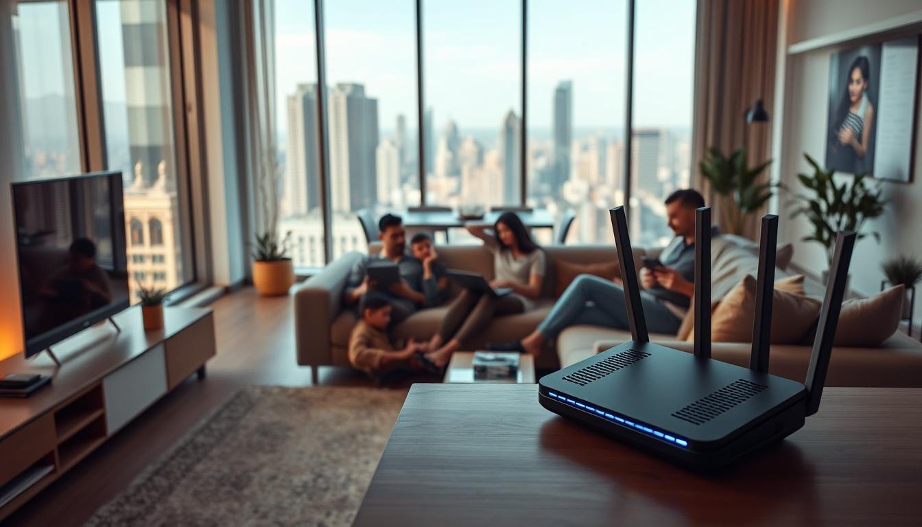 A modern, spacious living room with a large windows overlooking a cityscape. In the foreground, a sleek, minimalist entertainment center houses a Telecombrother router, displaying high-speed internet connectivity. A family gathers around a plush sofa, each member using a variety of devices - a laptop, a tablet, and smartphones - all seamlessly connected to the high-speed network. The middle ground features a dining table and chairs, suggesting a harmonious blend of work and leisure. The background showcases a panoramic view of skyscrapers, highlighting the urban setting. Soft, warm lighting creates a cozy, inviting atmosphere, while the overall composition conveys a sense of comfort and productivity enabled by the reliable, high-speed home internet solution.