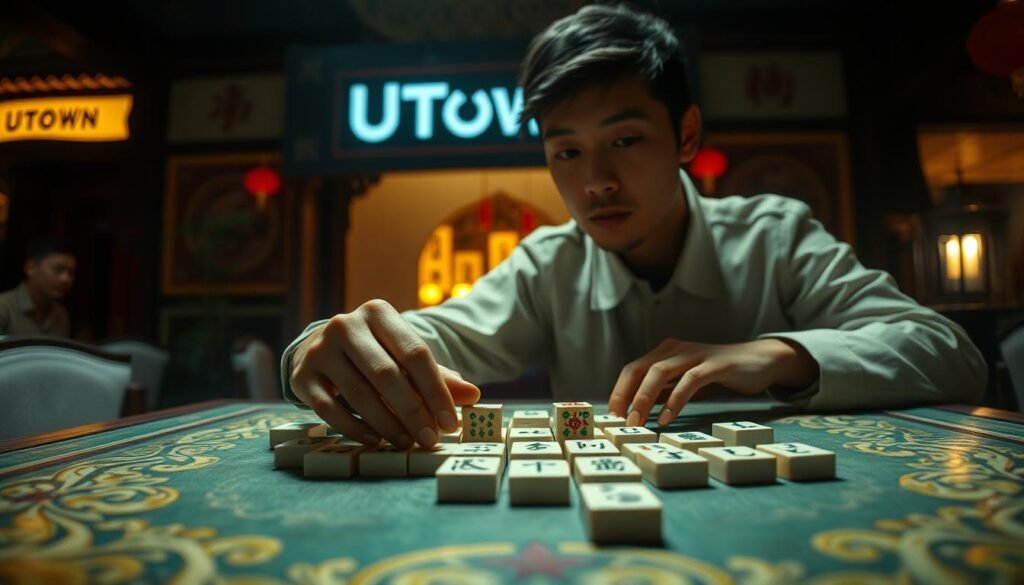A serene, dimly lit scene of a traditional Chinese mahjong table, with a player meticulously studying the tiles before them. The table is adorned with ornate designs, casting a warm, atmospheric glow. In the foreground, the player's hands carefully rearrange the tiles, their expression one of intense focus, as they strategize their next move. The background features a UTown-branded environment, with subtle Chinese architectural elements, creating a sense of cultural immersion. Soft, diffused lighting casts shadows across the scene, emphasizing the thoughtful, contemplative nature of the mahjong gameplay. A serene, dimly lit scene of a traditional Chinese mahjong table, with a player meticulously studying the tiles before them. The table is adorned with ornate designs, casting a warm, atmospheric glow. In the foreground, the player's hands carefully rearrange the tiles, their expression one of intense focus, as they strategize their next move. The background features a UTown-branded environment, with subtle Chinese architectural elements, creating a sense of cultural immersion. Soft, diffused lighting casts shadows across the scene, emphasizing the thoughtful, contemplative nature of the mahjong gameplay.