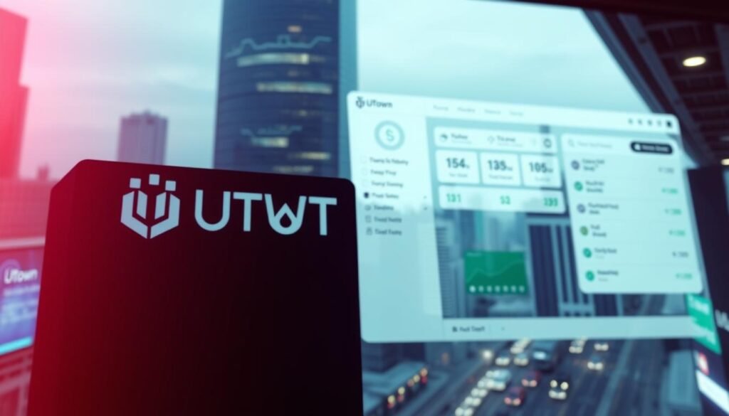 A sleek and modern digital banking interface showcasing the seamless USDT transaction process. The foreground features the UTown logo prominently displayed, along with a clean, minimalist user dashboard. The middle ground depicts interactive UI elements such as transaction history, exchange rates, and fund transfer options. The background subtly depicts a bustling cityscape, highlighting the global connectivity and convenience of USDT transactions. The lighting is soft and ambient, creating a sense of professionalism and security. The overall mood is one of efficiency, reliability, and technological sophistication. A sleek and modern digital banking interface showcasing the seamless USDT transaction process. The foreground features the UTown logo prominently displayed, along with a clean, minimalist user dashboard. The middle ground depicts interactive UI elements such as transaction history, exchange rates, and fund transfer options. The background subtly depicts a bustling cityscape, highlighting the global connectivity and convenience of USDT transactions. The lighting is soft and ambient, creating a sense of professionalism and security. The overall mood is one of efficiency, reliability, and technological sophistication.