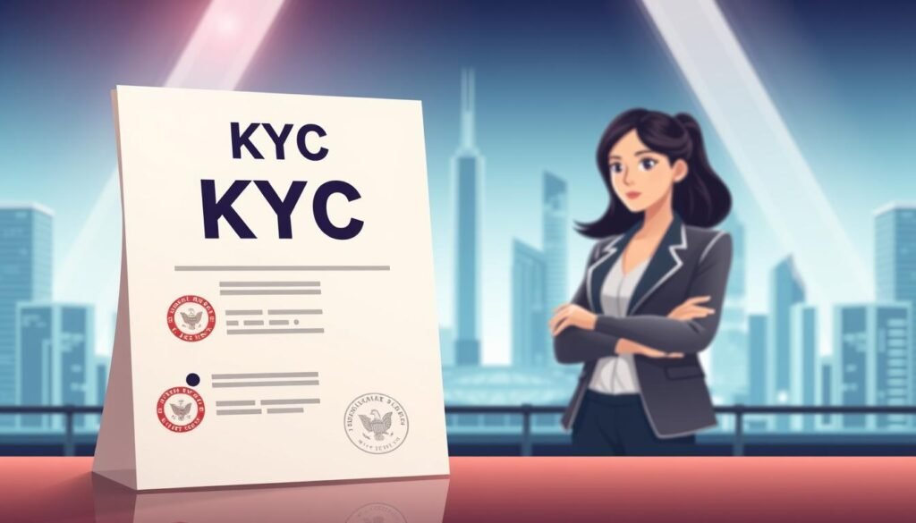 A sleek, modern illustration of the KYC (Know Your Customer) verification process for UTown, an online entertainment platform. In the foreground, a stylized document with official seals and stamps represents the required identification and personal details. The middle ground features a professional-looking woman in a smart business outfit, symbolizing the verification process. The background showcases a futuristic, minimalist cityscape with clean lines and geometric shapes, conveying a sense of security and technology. The composition is well-balanced, with strategic use of lighting and depth of field to create a professional, trustworthy atmosphere. A sleek, modern illustration of the KYC (Know Your Customer) verification process for UTown, an online entertainment platform. In the foreground, a stylized document with official seals and stamps represents the required identification and personal details. The middle ground features a professional-looking woman in a smart business outfit, symbolizing the verification process. The background showcases a futuristic, minimalist cityscape with clean lines and geometric shapes, conveying a sense of security and technology. The composition is well-balanced, with strategic use of lighting and depth of field to create a professional, trustworthy atmosphere.