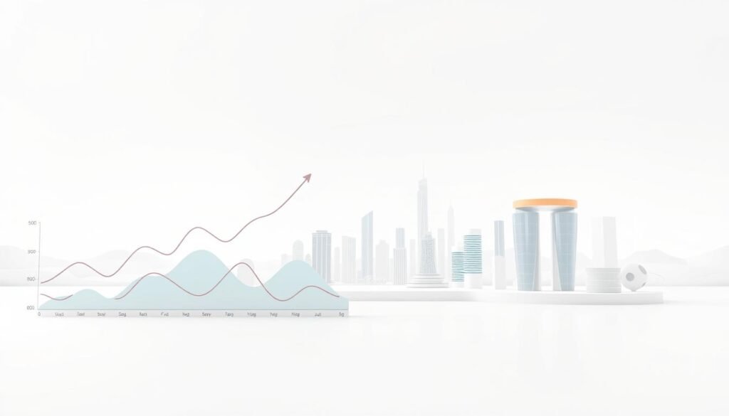 A sophisticated 3D rendering of the growth trends in the online lending market, depicted with a clean, minimalist aesthetic. The foreground showcases a series of dynamic line graphs and bar charts, visualizing key metrics such as market size, user adoption, and loan volumes over time. The middle ground features a stylized cityscape, with futuristic skyscrapers and sleek financial institutions, symbolizing the digital transformation of the lending industry. The background is a serene, gradient-based landscape, evoking a sense of stability and innovation. The lighting is soft and diffused, creating a balanced, professional tone. The overall composition conveys the steady expansion and modernization of the online lending sector.