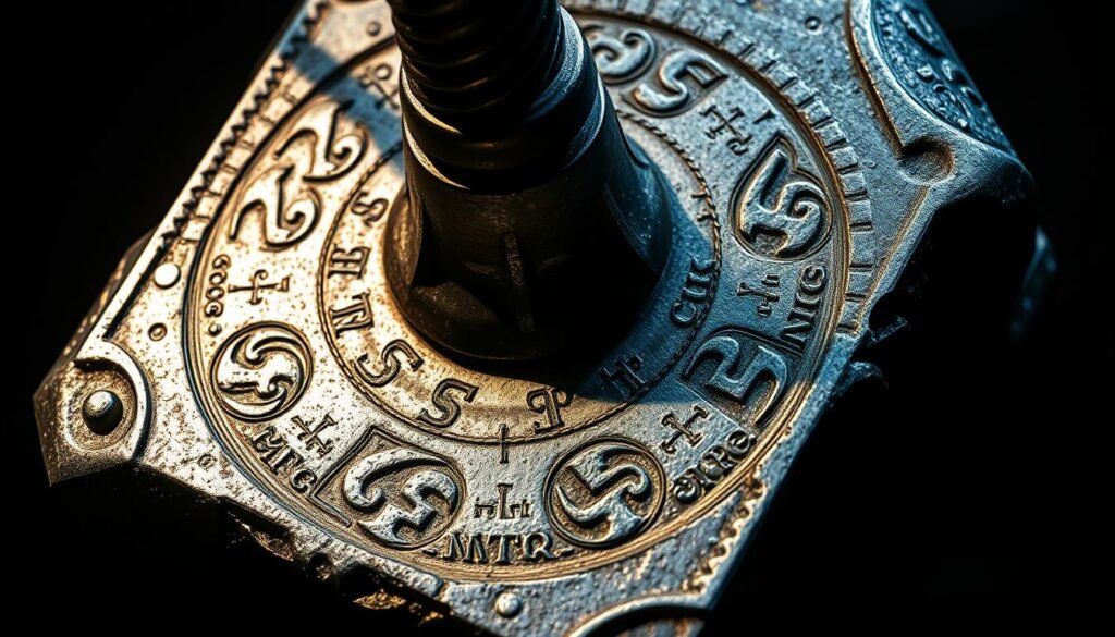 A striking close-up of the magical hammer of the Norse god of thunder, Thor, emblazoned with intricate UTown rune symbols. The metallic surface gleams under dramatic lighting, casting deep shadows and highlights that accentuate the rugged, ancient design. The hammer's head is the focal point, surrounded by an aura of power and mysticism. The composition is tightly framed, drawing the viewer's attention to the mesmerizing details of the special symbols that hold great significance in the world of Thor.
