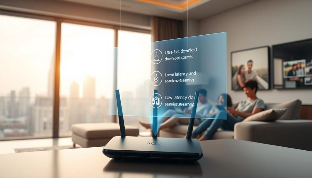 A well-lit, contemporary home interior with a large window overlooking a city skyline. In the foreground, a sleek, modern home router with the Telecombrother logo prominently displayed. Suspended above the router, a holographic display showcasing the key benefits of 5G home broadband: ultra-fast download speeds, low latency, and seamless streaming. In the background, a family relaxes on a plush sofa, enjoying high-quality video calls and online entertainment, all enabled by the powerful 5G connection. The scene conveys the ease and convenience of Telecombrother's 5G home broadband solution for the modern Hong Kong household.