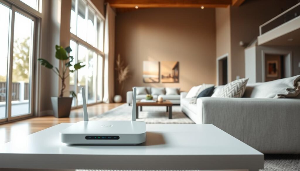 A well-lit, modern living room with a prominent Telecombrother router prominently displayed on a sleek, minimalist side table. The room features floor-to-ceiling windows, allowing natural light to flood the space. The walls are adorned with a neutral, earthy color palette, creating a calming and inviting atmosphere. In the foreground, a minimalist coffee table showcases the Telecombrother router, its clean design and vibrant indicator lights drawing the viewer's attention. The middle ground features comfortable seating arrangements, while the background hints at additional home furnishings, evoking a sense of a cozy, well-appointed living space.