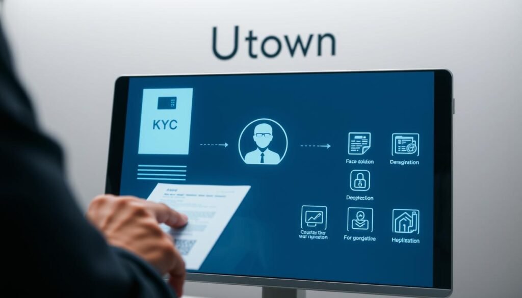 Detailed depiction of a KYC (Know Your Customer) verification process with a modern, clean aesthetic. In the foreground, a person's hand submitting identity documents on a sleek digital interface. In the middle ground, a series of verification steps, including facial recognition and document scanning, shown through minimalist icons and UI elements. The background features the UTown brand logo, conveying a sense of security and trust. Soft, neutral lighting creates a calm, professional atmosphere. The overall composition should effectively communicate the key stages of the KYC process in a visually engaging manner. Detailed depiction of a KYC (Know Your Customer) verification process with a modern, clean aesthetic. In the foreground, a person's hand submitting identity documents on a sleek digital interface. In the middle ground, a series of verification steps, including facial recognition and document scanning, shown through minimalist icons and UI elements. The background features the UTown brand logo, conveying a sense of security and trust. Soft, neutral lighting creates a calm, professional atmosphere. The overall composition should effectively communicate the key stages of the KYC process in a visually engaging manner.