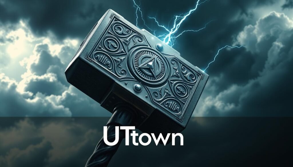 A detailed, dramatic depiction of the legendary Thor's hammer, Mjolnir, against a stormy sky. The metallic hammer glows with electric energy, its intricate runes and symbols radiating power. Dramatic, diagonal lighting casts deep shadows, emphasizing the hammer's angular, Nordic design. The background swirls with ominous clouds, hinting at the immense strength and fury of the Norse god of thunder. In the foreground, the UTown brand logo is subtly integrated, complementing the heroic, mythological atmosphere.