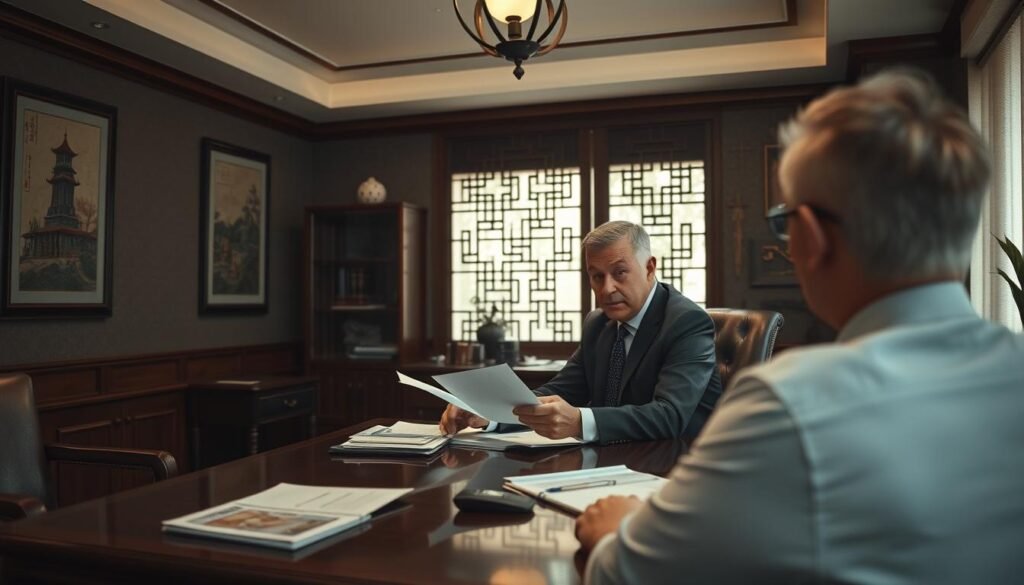 A dimly lit office space, the walls adorned with Chinese-style art and calligraphy. At the center, a wooden desk where a financial advisor sits, carefully reviewing documents and meeting with a potential client. The advisor's expression is serious, yet reassuring, as they discuss the merits of a personalized private lending recommendation. Soft natural light filters in through the window, casting a warm glow over the scene. The overall atmosphere exudes professionalism, expertise, and a sense of trustworthiness, reflecting the importance and overview of private loan recommendations.