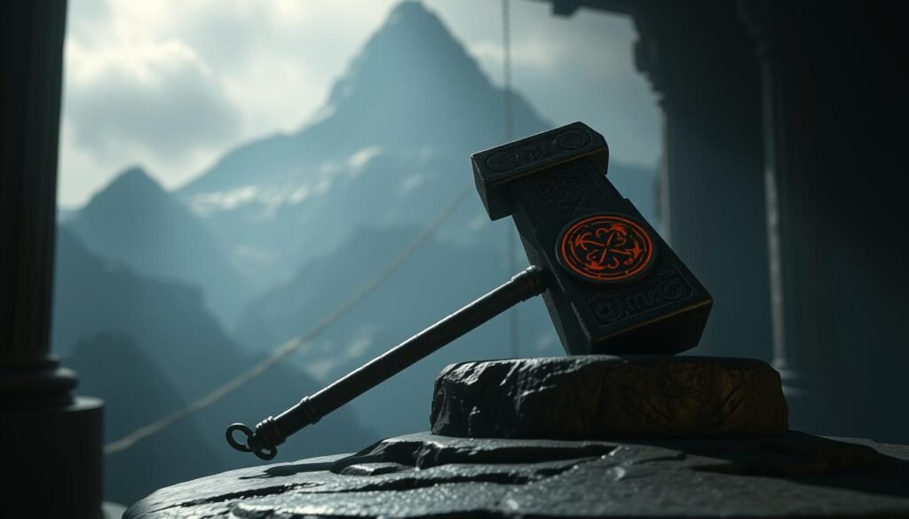 A serene, dimly lit Norse-inspired setting with the mighty hammer Mjolnir, the iconic weapon of the God of Thunder, Thor, resting on a weathered stone pedestal. The hammer's runic inscriptions glow with a subtle, ethereal light, casting a warm, amber-hued ambiance across the scene. In the background, a towering mountain range rises, its peaks shrouded in mist, evoking a sense of ancient power and mysticism. The overall atmosphere is one of reverence and wonder, as if the player is about to embark on an epic adventure with the legendary UTown's "雷神之鎚" game.