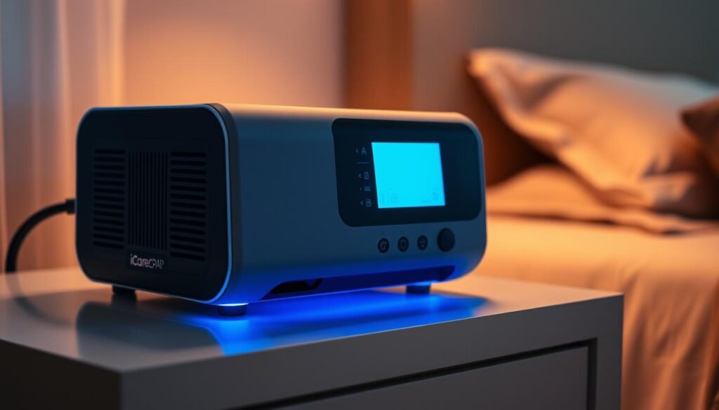A sleek, modern iCareCPAP sleep apnea machine sits atop a nightstand, its soft blue display illuminating the cozy bedroom. The device's minimalist design blends seamlessly with the warm, earth-toned decor, creating a soothing, wellness-focused atmosphere. Gentle lighting casts a tranquil glow, accentuating the machine's high-tech yet approachable aesthetic. In the foreground, a detailed view of the machine's controls and air inlet ports conveys its technical capabilities, while the middle ground showcases the device's compact size and user-friendly form factor. The background fades into a blurred, relaxing scene, suggesting the machine's role in facilitating restful, restorative sleep for the sleep apnea patient.