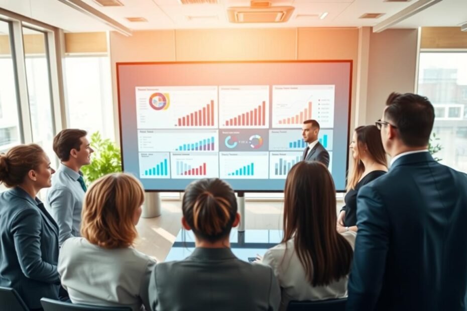 A vibrant, modern office setting as the foreground, featuring a diverse group of professionals engaged in a collaborative discussion about advertising strategies. They are dressed in professional business attire. In the middle ground, a large digital display screen shows graphs and charts representing advertising performance metrics and strategies. The background consists of sleek office furniture and large windows allowing natural light to flood the space, creating a bright and inspiring atmosphere. The angle is slightly overhead, providing a comprehensive view of both the discussion and the data displayed. The mood is focused and dynamic, emphasizing teamwork and innovation in advertising campaign strategies. Use soft, natural lighting to enhance the professionalism of the scene.