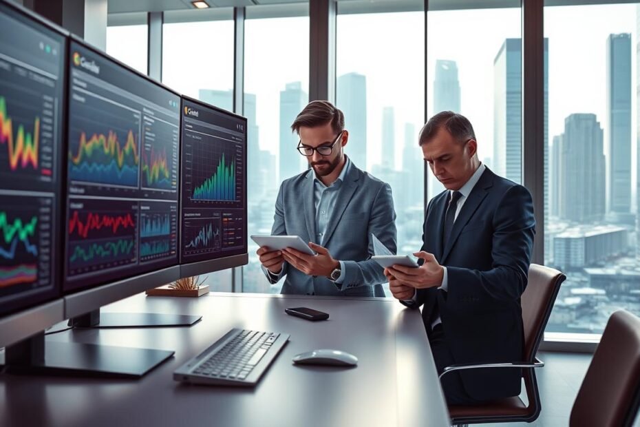 A futuristic office environment showcasing advanced data optimization technology. In the foreground, a sleek, modern workstation featuring multiple screens displaying vibrant graphs and analytics for OceanEsim's data management solutions. The middle layer includes a professional in business attire, analyzing data on a tablet, with a look of concentration, highlighting the concept of prioritizing mobile data. The background displays large glass windows with a view of a bustling city, flooded with natural light, emphasizing a dynamic and innovative atmosphere. The overall mood is one of productivity and high-tech sophistication, with crisp shadows and a cool color palette to convey a sense of professionalism and efficiency.