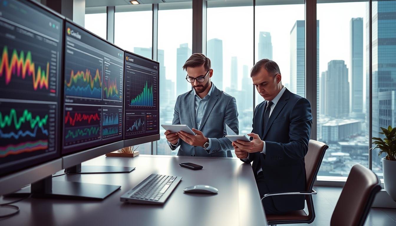 A futuristic office environment showcasing advanced data optimization technology. In the foreground, a sleek, modern workstation featuring multiple screens displaying vibrant graphs and analytics for OceanEsim's data management solutions. The middle layer includes a professional in business attire, analyzing data on a tablet, with a look of concentration, highlighting the concept of prioritizing mobile data. The background displays large glass windows with a view of a bustling city, flooded with natural light, emphasizing a dynamic and innovative atmosphere. The overall mood is one of productivity and high-tech sophistication, with crisp shadows and a cool color palette to convey a sense of professionalism and efficiency.