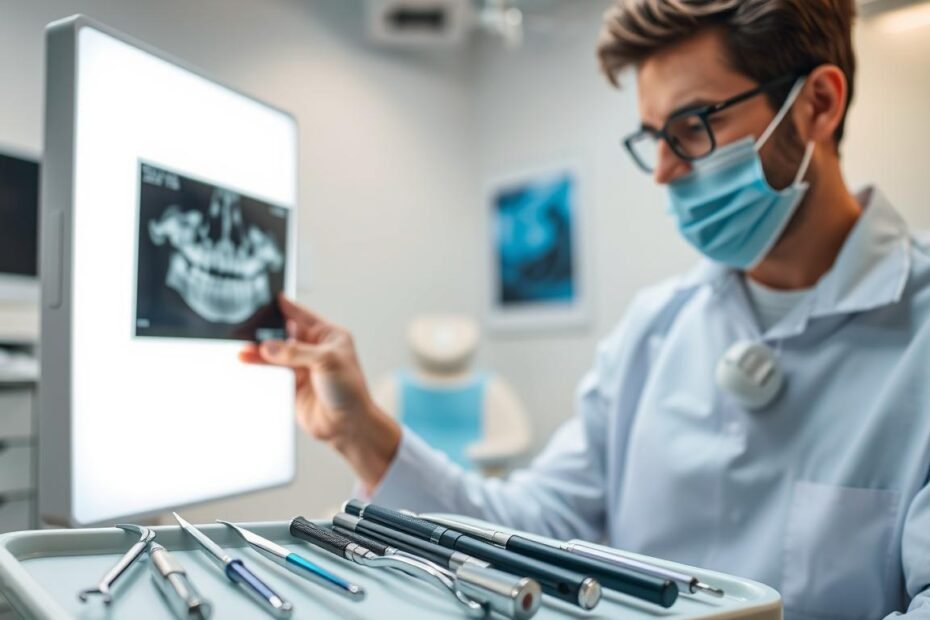 A professional dentist in a clean, modern clinic examines a patient's dental X-ray on a lightbox, with a focused expression. In the foreground, instruments for tooth extraction are neatly arranged on a dental tray, suggesting preparation for surgery. In the middle, a dental chair is visible, adorned with a blue dental bib, conveying a clinical yet welcoming atmosphere. The background features a bright and sterile environment with soft, diffused lighting highlighting the tools and equipment. The overall mood is one of contemplation and seriousness, emphasizing the careful evaluation of the risks associated with wisdom tooth extraction. The image captures the essence of risk assessment in dental surgery without any distractions or text elements.