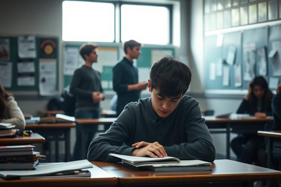 A school environment with students experiencing anxiety. In the foreground, a student sits at a desk, head down, looking overwhelmed, surrounded by books and papers. In the middle, other students engage in group discussions, but one looks isolated and worried, avoiding eye contact. The background shows a classroom with posters on the walls, dimly lit by soft, natural light coming through a window, creating a somber atmosphere. The overall mood is one of tension and unease, capturing the emotional struggles faced by students dealing with anxiety in an academic setting. The students are dressed in modest casual clothing, conveying a sense of normalcy amid the stress.