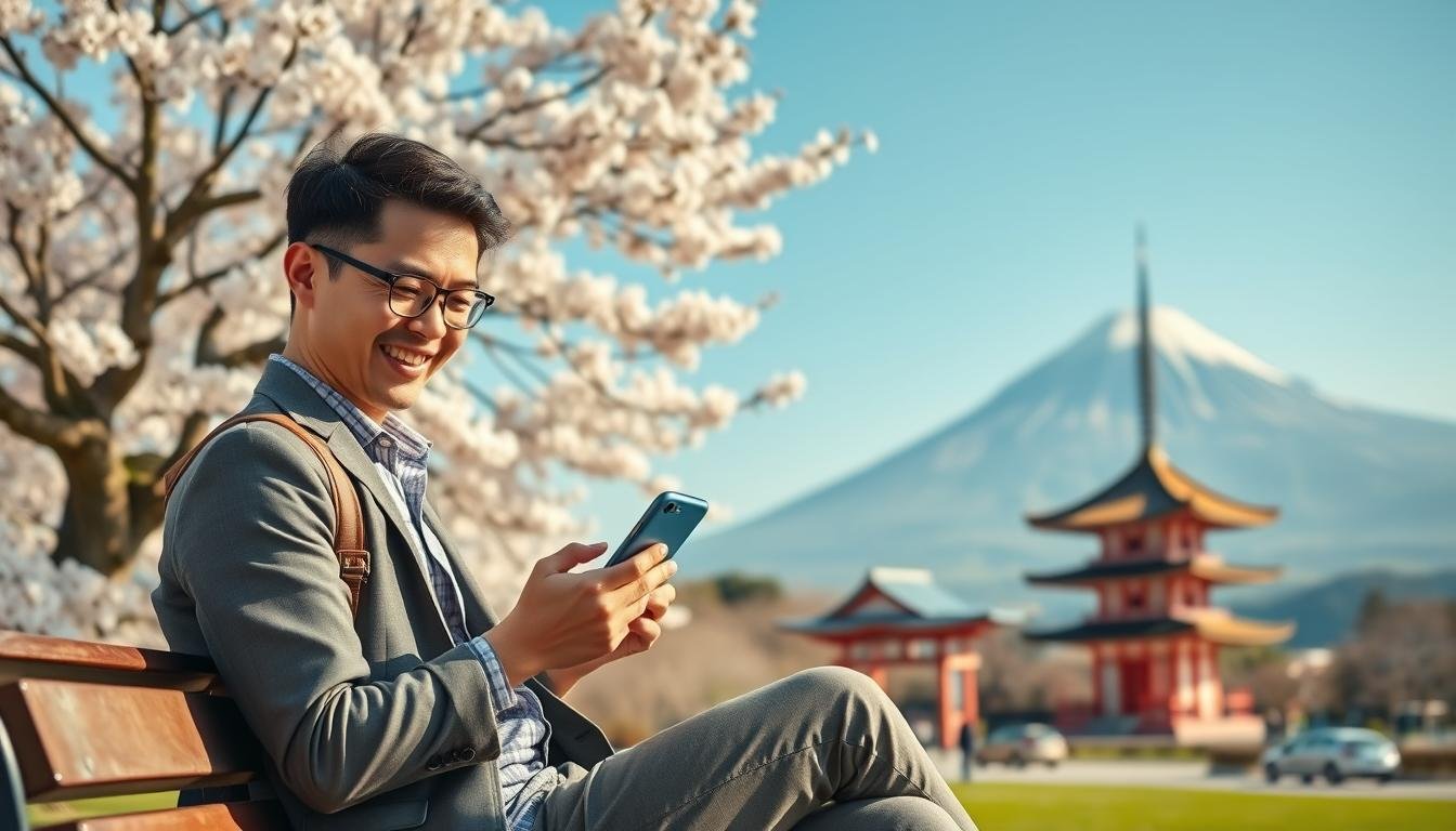 A vibrant scene showcasing a tourist using OceanEsim technology against the backdrop of iconic Japanese landmarks. In the foreground, depict a smiling traveler, dressed in smart casual attire, intently using their smartphone while sitting on a picturesque bench. The middle ground features a beautiful cherry blossom tree in full bloom, symbolizing Japan’s natural beauty. In the background, include famous Japanese structures, such as a traditional pagoda and the distant silhouette of Mount Fuji under a clear blue sky. Use soft, warm lighting to convey a welcoming and serene atmosphere, emphasizing the ease of staying connected while traveling. The composition should focus on the immersive experience, highlighting product interaction within a culturally rich environment.