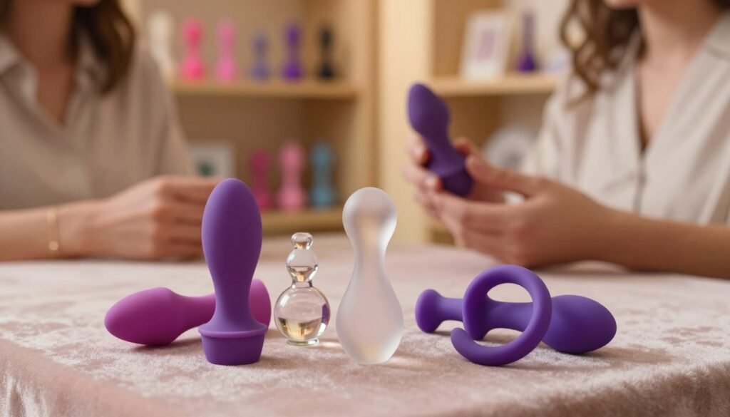 A well-organized display of safe anal toy selection guidelines, featuring an assortment of various anal toys made from body-safe materials, such as silicone and glass. In the foreground, showcase a smooth silicone anal plug, a glass beaded toy, and a looped training set, each resting on a plush velvet surface to emphasize their textures. The middle ground highlights a hand gently holding a toy, while in the background, softly blurred shelves lined with additional options, surrounded by warm, cozy lighting that creates an intimate atmosphere. The image should evoke a sense of trust and safety, with professional and modestly dressed individuals quietly discussing the benefits of each toy. Lens focus should be sharp on the foreground objects, with a slight bokeh effect for depth. The overall mood is warm and inviting, emphasizing safety in personal exploration.