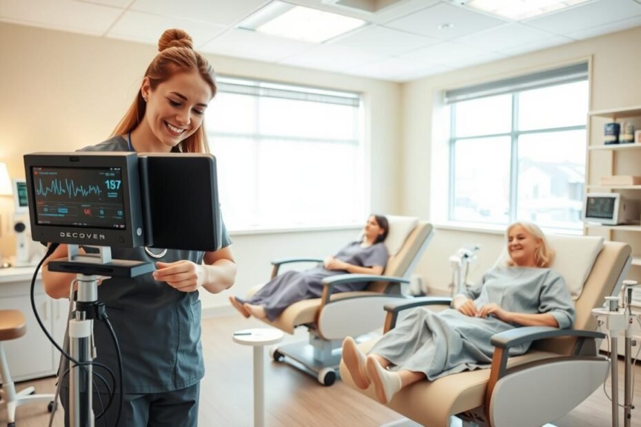 A bright and inviting recovery room in a day medical center, featuring comfortable recliners where patients are monitored post-anesthesia. In the foreground, a nurse in professional attire checks vital signs on a monitor, with a focused yet friendly expression. In the middle, two patients, dressed in modest hospital gowns, rest comfortably, surrounded by medical equipment that displays heart rate and oxygen levels. Soft, diffused lighting enhances the calming atmosphere, while pastel-colored walls and large windows allow natural light to flood the space, creating a serene environment. In the background, essential medical supplies are neatly organized on shelves, reinforcing the professionalism and safety of the recovery area.
