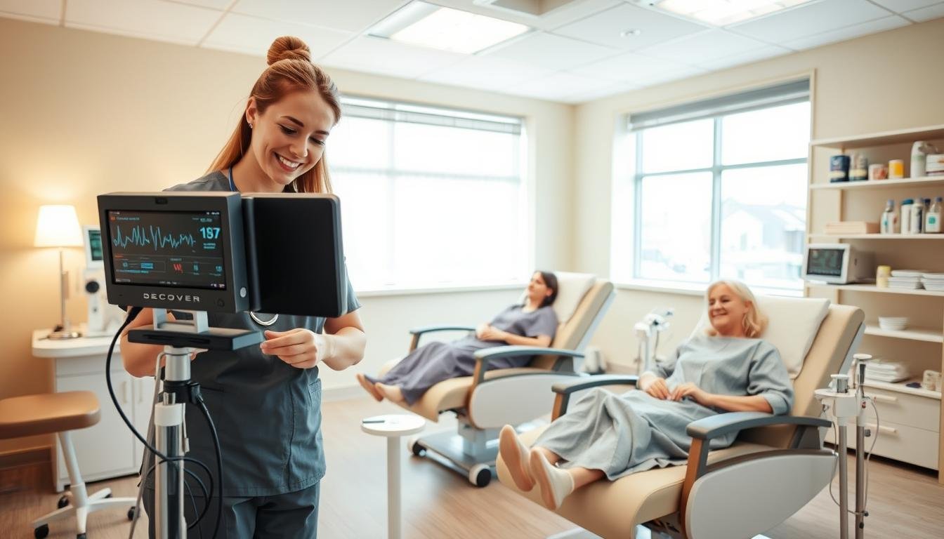 A bright and inviting recovery room in a day medical center, featuring comfortable recliners where patients are monitored post-anesthesia. In the foreground, a nurse in professional attire checks vital signs on a monitor, with a focused yet friendly expression. In the middle, two patients, dressed in modest hospital gowns, rest comfortably, surrounded by medical equipment that displays heart rate and oxygen levels. Soft, diffused lighting enhances the calming atmosphere, while pastel-colored walls and large windows allow natural light to flood the space, creating a serene environment. In the background, essential medical supplies are neatly organized on shelves, reinforcing the professionalism and safety of the recovery area.